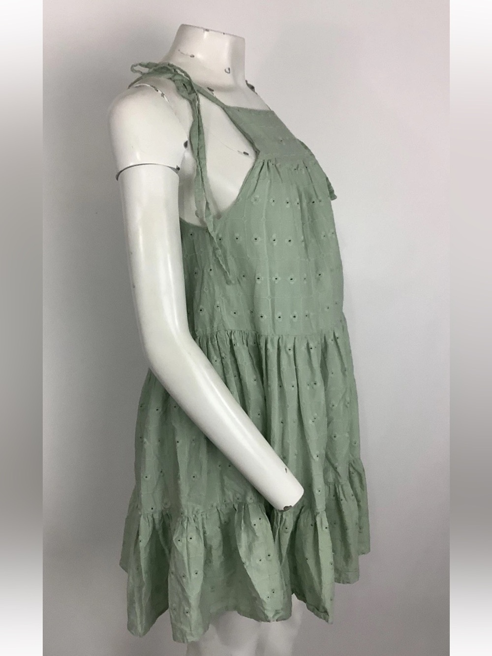 ASOS Sz 2 100% Cotton Eyelet Tiered Spring Summer Swing Trapeze Dress Green - Picture 2 of 6